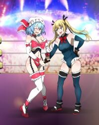 2girls blonde_hair blue_hair blush catfight crotch_claw crotch_grab cuntbusting dead_or_alive embarrassing female female_only fully_clothed human humiliation leotard light-skinned_female marie_rose marie_rose_(devilish_servant_against_the_splashing_waves) open_mouth remilia_scarlet revealing_clothes smiling stockings tears touhou twintails wrestling wrestling_outfit wrestling_ring wrestlingryona