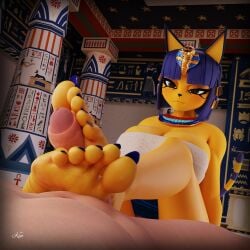 3d animal_crossing ankha ankha_(animal_crossing) barefoot big_breasts blue_toenails bob_cut claw_nails faceless_male feet foot_fetish footjob interspecies kenaga yellow_skin