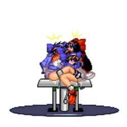 2girls animated animated_gif bangs blue_hair blush bondage bound_ankles bound_thighs breasts brown_hair chains closed_eyes female japanese_clothes long_hair lowres m.u.g.e.n multiple_girls nakoruru object_insertion open_mouth penetration pixel_art restrained rimururu samurai_shodown sex_machine shackles siblings simple_background sisters surprised transparent_background uncensored vaginal_object_insertion vaginal_penetration yuri