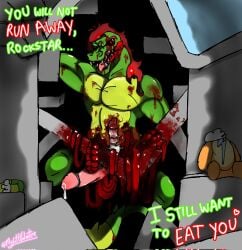 1boy 2022 blood blood_stain body_horror digital_media_(artwork) entrails erect_penis erection exposed_bone exposed_organs fangs five_nights_at_freddy's five_nights_at_freddy's:_security_breach gore humanoid_genitalia humanoid_penis intestines male male_anthro male_focus male_only masochism montgomery_gator_(fnaf) mylittvalentine penis penis_focus penis_out sharp_teeth shattered_montgomery_gator_(fnaf) solo solo_anthro solo_focus solo_in_panel solo_male