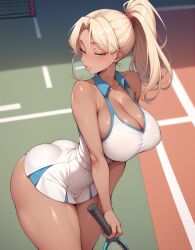 1girls ai_generated athletic athletic_female blonde_hair clothing dressed large_breasts lewdwaifulaifu looking_at_viewer microskirt slim_waist softcore solo_female tennis_court tennis_racket tennis_uniform thick_thighs thighs