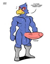 2024 abs anthro athletic athletic_anthro athletic_male avian balls beak big_balls big_penis bird black_eyes blue_balls blue_body blue_feathers boots boots_only circumcised clothing dialogue english_text falco_lombardi feathers fist footwear footwear_only front_view genitals glans hi_res huge_balls huge_cock humanoid_genitalia humanoid_penis male mostly_nude navel nintendo nude nude_anthro nude_male penis pink_glans pink_penis plantigrade question_mark saggy_balls shadow signature simple_background solo speech_bubble standing star_fox tadaoardo text throbbing throbbing_penis tuft vein white_background yellow_beak