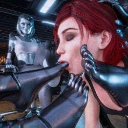 3d atomic_heart bliss caucasian caucasian_female closed_eyes commander_shepard dais1984 edi feet femshep foot_fetish foot_focus foot_lick foot_worship grabbing_head mass_effect mass_effect_3 metallic_body red_hair robot robot_girl soles sucking_toes the_twins_(atomic_heart)