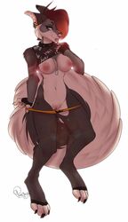 anthro barefoot breasts brown_hair canine digitigrade ear_piercing female furry mammal navel nipples piercing pink_areola pink_nipples pink_nose purrchinyan pussy simple_background solo white_background