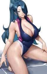 azuma_fubuki blue_eyes blue_hair cleavage large_breasts mato_seihei_no_slave milf one-piece_swimsuit ponytail smile thighs tied_hair voluptuous voluptuous_female yoshi55level yoshio_(55level)