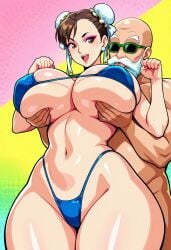 1boy1girl age_difference ai_generated bald big_breasts blue_bikini brown_eyes brown_hair busty chun-li civitai couple crossover double_bun dragon_ball grabbing_breasts grabbing_from_behind happy huge_ass huge_breasts makeup male_behind_female master_roshi minimalist_background muten_roushi navel old_man older_male straight street_fighter sunglasses thick_thighs tongue_out unclego weird_crossover white_beard wide_hips