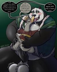 anal anal_sex anatid anseriform anserinae anthro ass avian balls bear bigbearbruno bird blush bodily_fluids bottomless bottomless_anthro bottomless_male clothed clothing dialogue digital_media_(artwork) dreamworks duo english_text erection french_kissing fur genital_fluids genitals giant_panda goose hand_on_butt heart-shaped_pupils kissing kung_fu_panda kung_fu_panda_3 kung_fu_panda_4 li_shan_(kung_fu_panda) male male/male male_penetrated male_penetrating male_penetrating_male mammal mr._ping open_mouth overweight overweight_male penetration penis romantic romantic_couple saliva sex shirt simple_background sitting size_difference smile speech_bubble spread_legs spreading text tongue tongue_out topwear vein veiny_penis