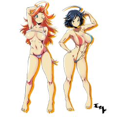 barely_contained black_hair blush charlotte_vanders kamen_america kamen_america_(character) kamen_america_(series) kamen_comet micro_bikini midriff misha_lovacova orange_hair sling_bikini string_bikini superheroine tensindonra thighs