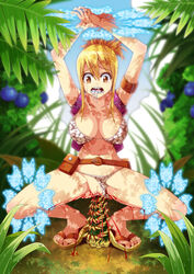 1girls artist_request bikini_top blonde_hair blood bondage breasts crying fairy_tail foam forced guro hamstring large_breasts lucy_heartfilia pain penetration pussy restrained saliva sandals spikes swimsuit tears vaginal_penetration