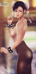 1girls ass back breasts bun_cover chun-li double_bun female female_only human looking_at_viewer ningyon nipples pantyhose side_view solo solo_female spiked_bracelet street_fighter topless