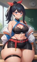 ai_generated classroom closed_mouth fat_thighs gigantic_thighs looking_to_the_side medium_breasts official_alternate_costume official_alternate_hairstyle small_waist ssss.gridman stable_diffusion takarada_rikka thick_thighs wide_hips worried