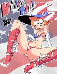 1girls 4th_of_july american_flag american_flag_bikini american_flag_hat bigdeadalive bikini boots breasts cowboy_boots female flag_bikini glasses little_witch_academia lotte_yansson solo straight_hair teasing witch_hat