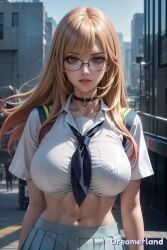 2d_(artwork) abdomen abdominals abs ai_generated anime anime_style belly_button big_breasts blonde_hair blurred_background breasts breasts breasts building buildings choker day daylight daytime eyes eyes_open female female_only fringe fringe_hair glasses glasses_on_face glasses_only hair hd hd_(traditional) high_resolution highres hourglass_figure huge_breasts kitagawa_marin large_breasts light_body light_skin lighting lips lipstick long_hair looking_at_viewer midriff mouth navel neck nose people_in_background pink_hair portrait red_eyes school_girl school_uniform schoolgirl schoolgirl_uniform serious shadow skirt sky4maleja sleeveless slim slim_waist sono_bisque_doll_wa_koi_wo_suru standing straight_hair street student tie upper_body watermark windows younger_female