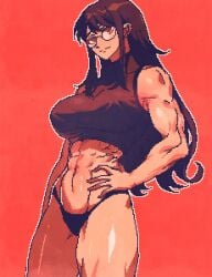 1girls absurd_res black_panties breasts brown_eyes cowboy_shot crop_top curly_hair glasses hi_res large_breasts long_hair looking_at_viewer matching_hair/eyes muscular muscular_female original panties pixel_art red_background simple_background solo spoiledmuffin standing tank_top thick_thighs underwear