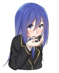 blue_eyes blue_hair blush breasts cum cum_in_mouth female joukamachi_no_dandelion long_hair looking_at_viewer necktie open_mouth sakurada_aoi school_uniform tongue