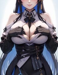 ai_generated bare_shoulders between_breasts big_breasts black_dress black_gloves black_hair blue_hair blush breasts button_gap cleavage closed_mouth clothing collared_shirt colored_inner_hair cowboy_shot dress elbow_gloves female female_only gloves hair_ornament hand_on_chest hand_on_own_chest head_out_of_frame high_resolution hololive hololive_english imminent_paizuri jenneth_blackray large_breasts lips long_hair long_sleeves multicolored_hair neck_ribbon necktie necktie_between_breasts nerissa_ravencroft off-shoulder_shirt off_shoulder open_clothes open_shirt paizuri_invitation ribbon shirt simple_background smile solo spread_cleavage stable_diffusion two-tone_hair unbuttoned unbuttoned_shirt upper_body very_long_hair virtual_youtuber white_background white_shirt