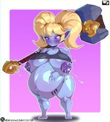 averag3artist18 blonde_hair blue_body blue_skin female female_focus female_only lactation league_of_legends looking_at_viewer poppy pregnant pubic_hair ready_to_pop riot_games shortstack solo solo_female solo_focus twintails yordle