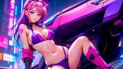 1girls ai_generated belly belly_button blue_eyes cyberpunk cyberpunk_background female legs_up looking_at_viewer pink_hair purple_panties shoes sitting smiling smiling_at_viewer