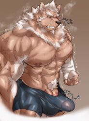 abs anthro balls black_nose bulge canid canine canis demon fangs fur genitals hi_res lifewonders male mammal marchosias_(tokyo_afterschool_summoners) muscular muscular_anthro muscular_male pecs penis red_eyes scar solo tan_body tan_fur teeth tokyo_afterschool_summoners vein veiny_muscles veiny_penis white_body white_fur wolf znoneikaga