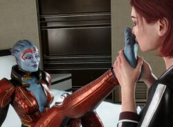 2girls 3d 3d_(artwork) alien alien/human alien_girl asari barefoot blue-skinned_female blue_body blue_skin caucasian caucasian_female clothed clothed_female commander_shepard dais1984 female female_only femshep foot foot_fetish foot_worship fully_clothed human lesbian light-skinned_female light_skin mass_effect mass_effect_2 painted_toenails red_hair red_toenail_polish samara smelling_feet smiling yuri