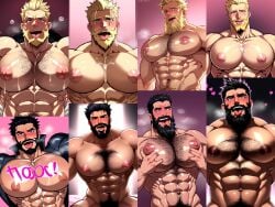 2boys ahe_gao ai_generated bara beard big_nipples black_hair blonde_hair blue_eyes bodybuilder collage comic compilation cum cum_in_mouth dilf gay green_eyes milk muscular_male oc orgasm_face pec_job pec_squeeze pecs pectorals pink_background tattoo_on_chest tongue_out