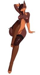 4_toes anthro bourbon._(artist) breasts canine canine doberman female mammal navel nipples orange_eyes piercing pussy simple_background smile solo toes white_background wide_hips