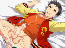 2boys anal anus ass bara blush bottomless cum cum_in_ass cum_while_penetrated cumdrip idolmaster kimura_ryu male male_only multiple_boys muscles penis steam sweat testicles yaoi