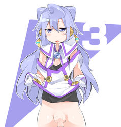 1boy artist_request blue_eyes blue_hair blush bottomless flaccid gloves hacka_doll hacka_doll_3 long_hair male male_only open_mouth penis solo strap_slip testicles trap uncensored