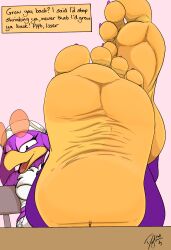 4_toes anthro bird bully bullying dialogue dylbun extreme_size_difference feet feet_focus feet_up female female_focus furry giantess macro mean micro microscopic permanent_shrink shrinking size_difference size_play sonic_(series) talons taunting teasing toes wave_the_swallow wrinkled_feet