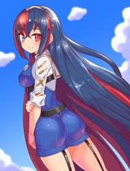 1girls alear_(female)_(fire_emblem) alear_(fire_emblem) ass big_ass blue_eyes blue_hair blue_sky breasts cougar1404 female female_only fire_emblem fire_emblem_engage from_behind heterochromia looking_at_viewer medium_breasts multicolored_hair nintendo red_eyes red_hair sky solo