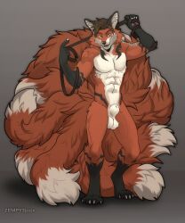 animal_genitalia anthro anthro_only balls canid canine collar digitigrade fox fully_sheathed genitals hi_res leash leashed_collar male male_only mammal multi_tail muscular octo_the_kitsune sheath solo tail zempy3