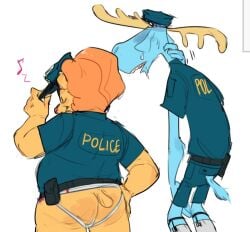 anthro antlers ass bear blue_body blue_fur bodily_fluids bottomless bottomless_male butt clothed clothing deer disco_bear_(htf) duo fur gay hair hand_on_hip hand_on_neck happy_tree_friends hat headgear headwear holding_clothing holding_hat holding_headgear holding_headwear holding_object horn jockstrap lumpy_(htf) male mammal markings moose musical_note musical_note_(marking) new_world_deer orange_body orange_fur orange_hair police police_belt police_officer police_uniform rear_view sweat sweatdrop underwear uniform vilya