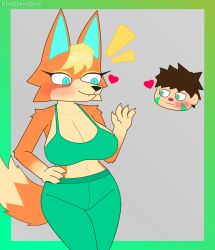 1anthro 1boy 1girls 1human animal_crossing anthro audie_(animal_crossing) blonde_hair blue_eyes brown_hair enddeni_(enddenione) enddenione female fox furry heart human looking_at_partner love male nintendo sports_bra sportswear straight sweat sweatdrop watermark waving wolf