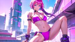 1girls ai_generated belly belly_button blue_eyes city_background cyberpunk cyberpunk_background female leg_up pink_bra pink_hair pink_panties shoes spread_legs