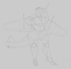 3apa3a aeromorph aircraft big_breasts il-2 line_art living_aircraft living_machine monochrome propeller shorts simple_background slightly_chubby tank_top thick_thighs top_kek_m9 wings