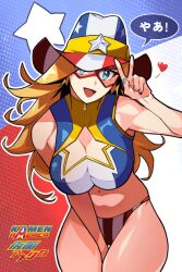 american_flag_bikini big_breasts blonde_hair blue_eyes charlotte_vanders cleavage cowboy_hat crop_top hip_dips kamen_america kamen_america_(character) kamen_america_(series) midriff official_art peace_sign sumpkun superheroine tease zipper