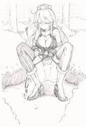 ahoge anus ass bare_shoulders blush boots breasts bush cleavage closed_eyes detached_sleeves female fingerless_gloves full_body gloves greyscale hat high_heel_boots high_heels highres iowa_(kantai_collection) kantai_collection koorimizu large_breasts long_hair miniskirt monochrome no_pussy outdoors panties panty_pull peeing skirt sleeveless sleeveless_shirt solo spread_legs squatting steam striped striped_legwear sweat text thighhighs translation_request tree trembling underwear upskirt vertical_striped_legwear vertical_stripes