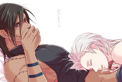 2boys black_hair drooling hidan kakuzu konikou_(konico) male_only multiple_boys naruto pubic_hair saliva silver_hair sleeping text translation_request undressing yaoi