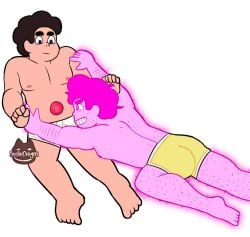 2boys barefoot briefs cartoon_network chad_steven clothing facial_hair feet gay gem_(species) gem_hybrid hair hairy half-closed_eyes looking_at_another male pants pink_body pink_steven shirt smile steven_quartz_universe steven_universe steven_universe_future transparent_background underwear underwear_only