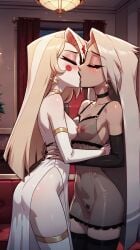 2girls ai_generated ass blonde_hair blush bridal_gauntlets charlie_morningstar_(hazbin_hotel) choker closed_eyes colored_skin dark_skin deep_kiss deep_kissing detached_sleeves earrings gehenna_fusion(model) hazbin_hotel holding_each_other hotel indoors kissing lesbian_kiss long_hair marusame nipples pubic_hair see-through_clothing see-through_dress shiny_skin stable_diffusion thighhighs vaggie_(hazbin_hotel) white_skin yuri