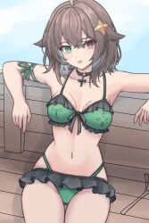 1girls 2d 2d_(artwork) alternate_costume belly_button bikini bra brown_hair female female_focus female_only former_idol_corp_member front_view fully_clothed green_bikini heterochromia high_resolution highres hourglass_figure idol_corp idol_es latam_virtual_youtuber light-skinned_female light_skin looking_at_viewer meica miniskirt outdoors revealing_clothes short_hair simple_background sitting skirt small_breasts solo solo_female solo_focus swimsuit thong thong_bikini two_piece_swimsuit virtual_youtuber vtuber young younger_female