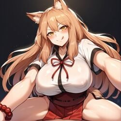 ai_generated brown_hair cowgirl_position fate/grand_order fate_(series) fox_ears fox_girl fox_tail huge_breasts japanese_clothes kao140522 licking_lips miko miko_outfit suzuka_gozen_(fate) yellow_eyes