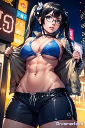 abdomen abdominals abs ai_generated anime anime_style belly_button bikini bikini_top bikini_top_only black_hair blue_eyes bra breasts building buildings choker city city_background cityscape curvy_figure dungeon_ni_deai_wo_motomeru_no_wa_machigatteiru_darou_ka eyes fingers fringe from_below glasses glasses_on_face glasses_only gym_shorts gym_uniform hair hestia_(danmachi) high_resolution highres horny horny_female hourglass_figure jacket jacket_open light light-skinned_female light_body light_skin lighting lips lipstick looking_at_another medium_breasts medium_hair mouth navel night night_sky nsfw pose posing posing_for_the_viewer provocative seducing seduction seductive seductive_body seductive_look seductive_mouth seductive_pose serious shiny shiny_breasts shiny_clothes shiny_hair shiny_skin short_hair shorts sideboob sky4maleja swimsuit thick_thighs thighs tight_clothing tight_fit tights toned_body toned_female toned_legs toned_stomach twintails underboob underwear watermark