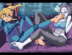 2girls air_bubbles blush breasts feet female female_only foot_fetish foot_in_mouth holding_breath ichduhernz multiple_girls samus_aran surprised underwater wii_fit_trainer