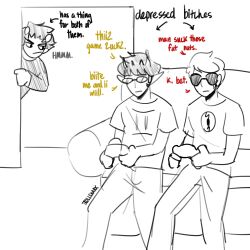 3d_glasses alien blowjob dave_strider fantasy gaming homestuck homestuck_troll horn horns imagining karkat_vantas male male_focus male_only monochrome partially_clothed short_hair short_hair_male sollux_captor sunglasses troll trollsnark