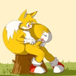 anthro balls blush bodily_fluids canid canine exposed_torso footwear fox genital_fluids genitals handwear hi_res jimnydaisuki male mammal masturbation miles_prower penile penile_masturbation penis precum sega sitting solo sonic_(series) sonic_the_hedgehog_(series) tails tails_the_fox tree_stump