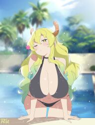 1girls artist_name big_breasts bikini blonde_hair blush busty cleavage dripping_wet horns lucoa lucoa_(maidragon) miss_kobayashi's_dragon_maid multicolored_hair pool quetzalcoatl_(dragon_maid) r3dfive star swimsuit wink winking_at_viewer