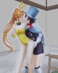 2girls athena_cykes bed bowtie brown_hair bunnysuit cape color detached_collar digital_drawing_(artwork) dress fully_clothed grabbing grabbing_ass grabbing_breasts gyakuten_saiban holding_partner karurakurosawa kissing light-skinned_female looking_at_another looking_at_partner magician multiple_girls nightstand orange_hair red_hair scarf side_ponytail tagme top_hat trucy_wright yuri