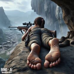 3d ai_generated aiming_weapon barefoot brown_hair caucasian caucasian_female dall-e3 feet female foot_fetish foot_focus full_color fully_clothed lara_croft lara_croft_(ai_generated) laying_on_stomach mountain no_penetration shoes_removed sniper sniper_rifle soles solo solo_female tomb_raider