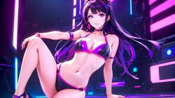 1girls ai_generated belly belly_button black_bra black_eyes black_hair cyberpunk cyberpunk_background female leg_up looking_at_viewer sitting